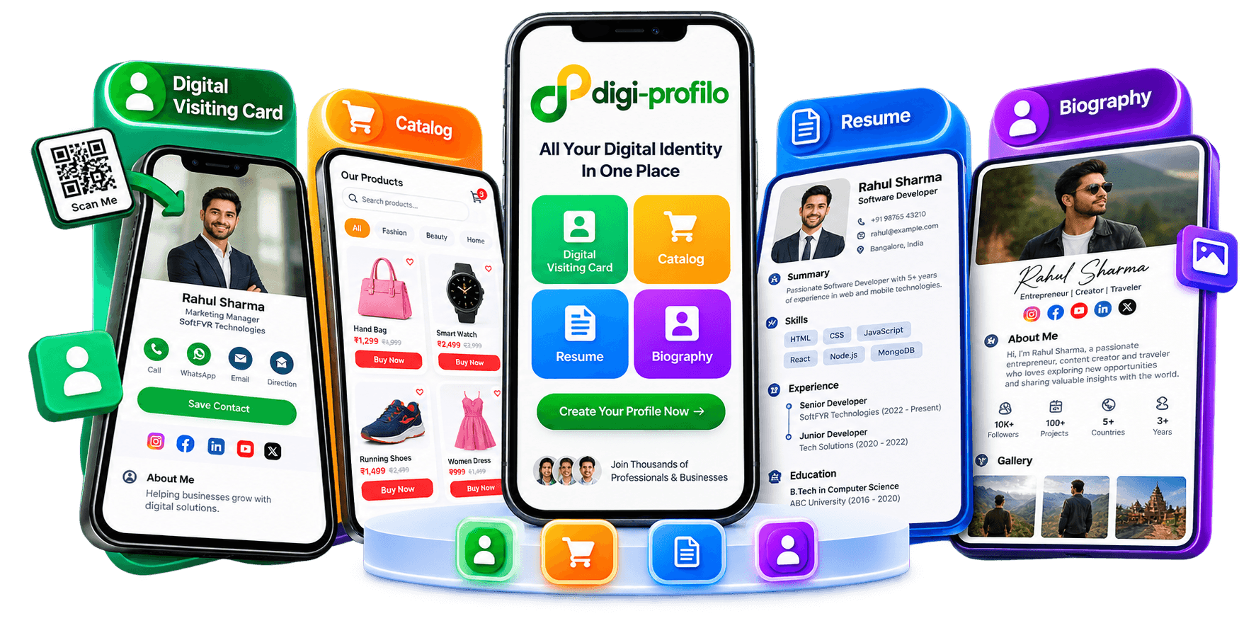Digital visiting card, product catalog, resume and biography on a phone